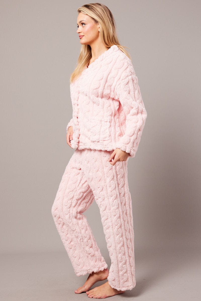 Pink Fluffy PJ Set Cable Fleece Pyjamas for Ally Fashion