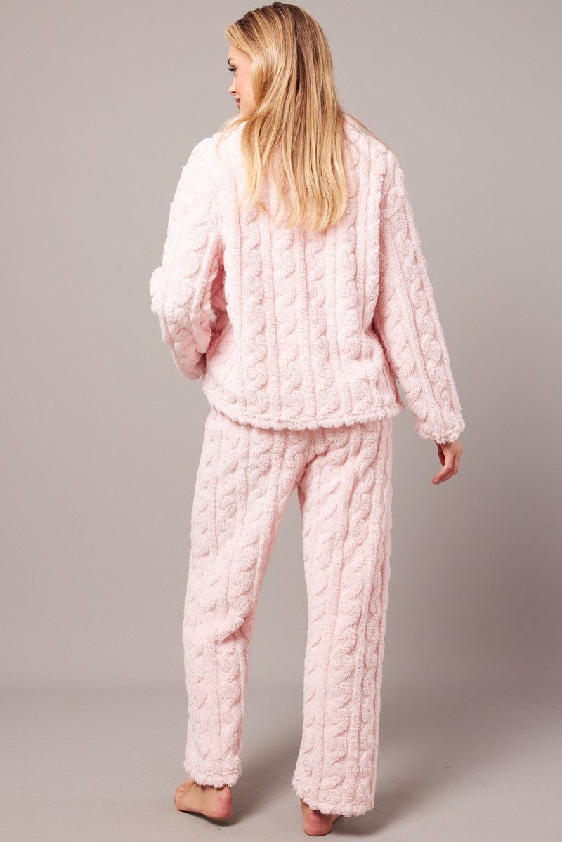 Pink Fluffy PJ Set Cable Fleece Pyjamas for Ally Fashion