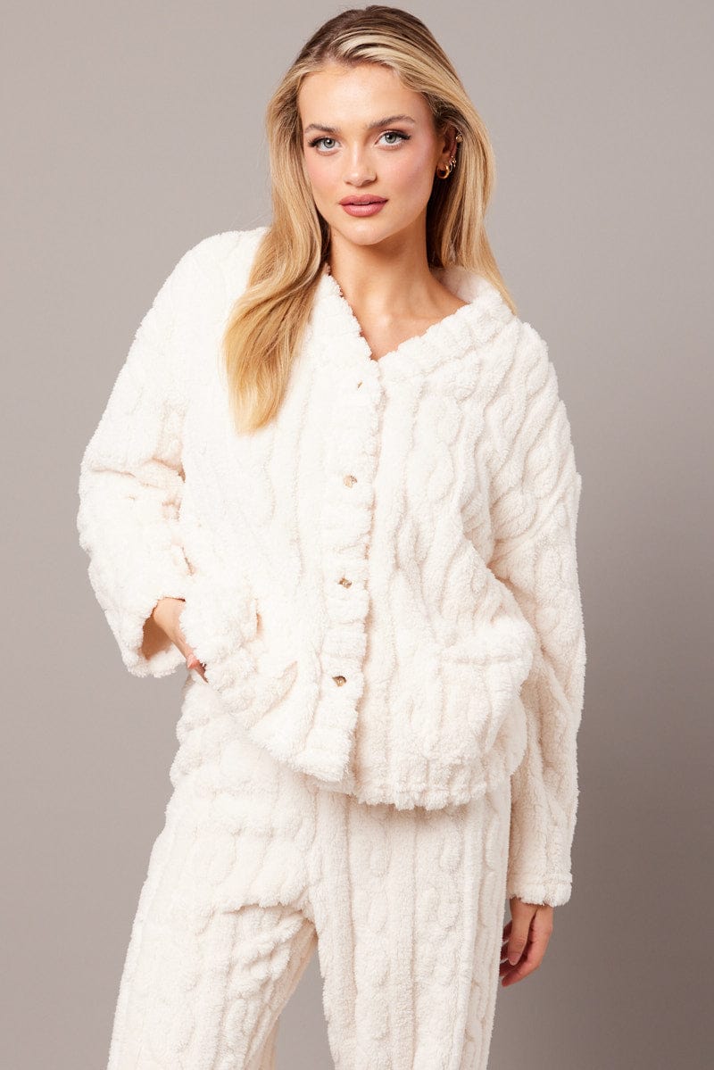 White Fluffy PJ Set Cable Fleece Pyjamas for Ally Fashion