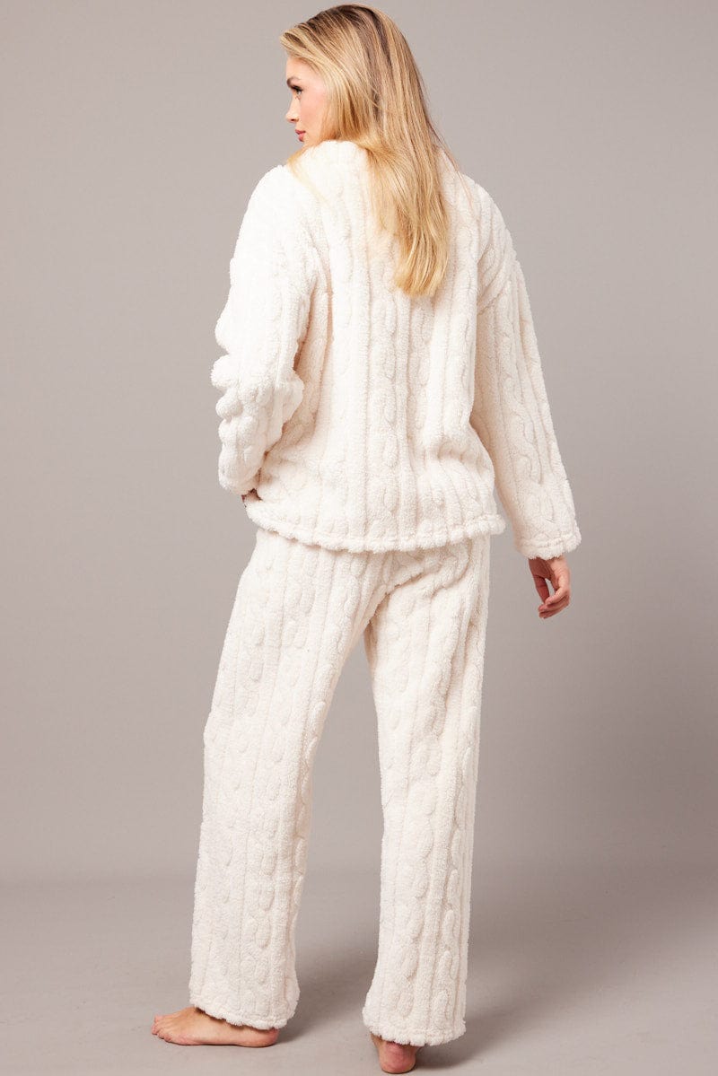White Fluffy PJ Set Cable Fleece Pyjamas for Ally Fashion