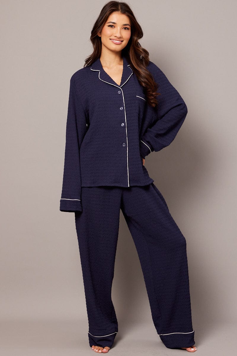 Blue PJ Set Long Leg Contrast Piping Textured Fabric for Ally Fashion