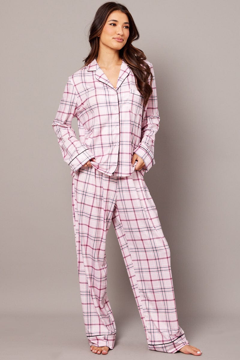 Pink Check PJ Set Jersey Long Leg Piping Pyjama for Ally Fashion
