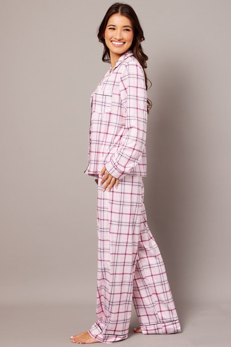 Pink Check PJ Set Jersey Long Leg Piping Pyjama for Ally Fashion
