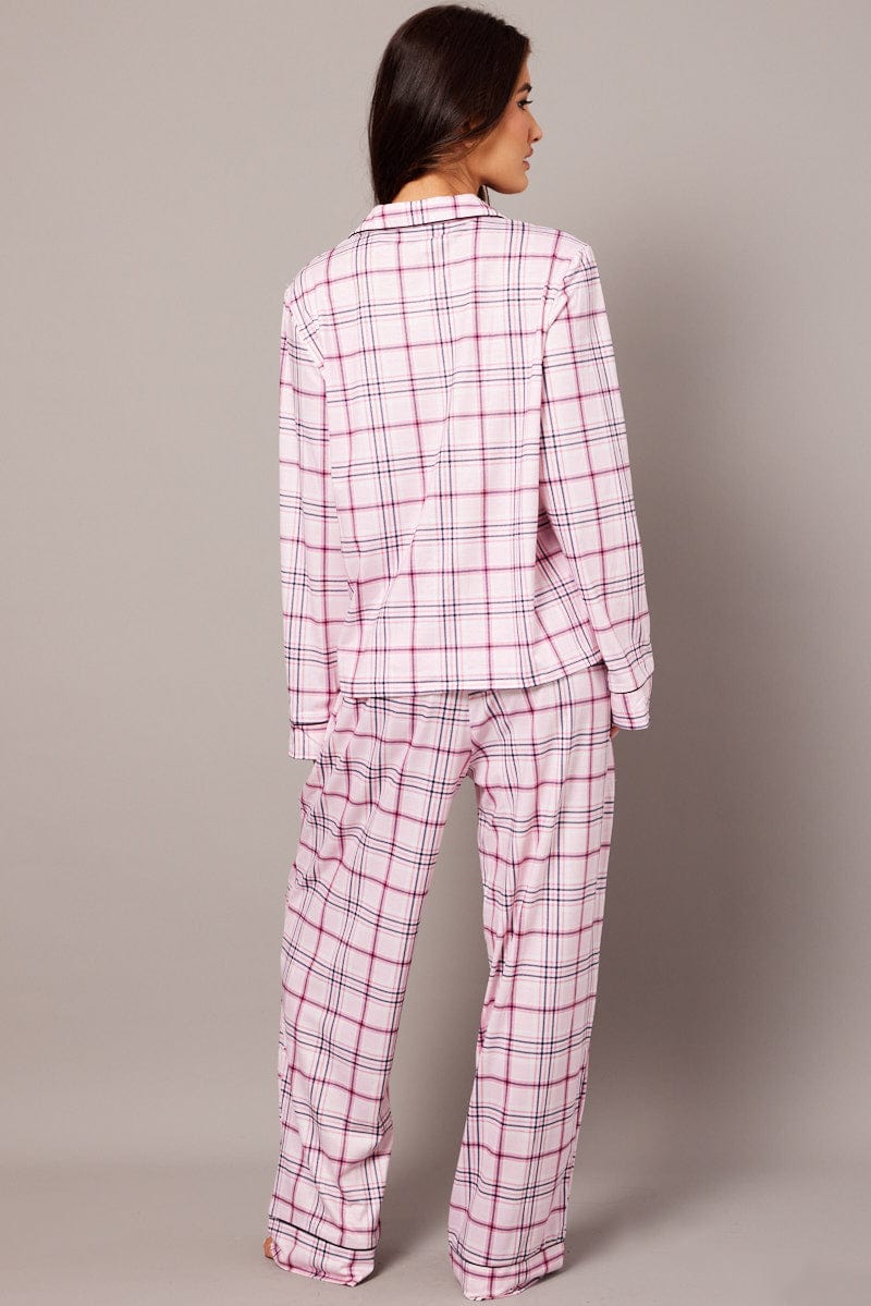 Pink Check PJ Set Jersey Long Leg Piping Pyjama for Ally Fashion