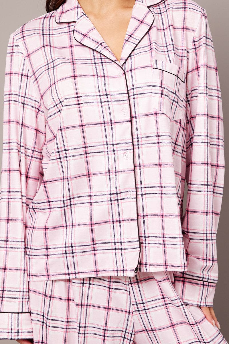 Pink Check PJ Set Jersey Long Leg Piping Pyjama for Ally Fashion