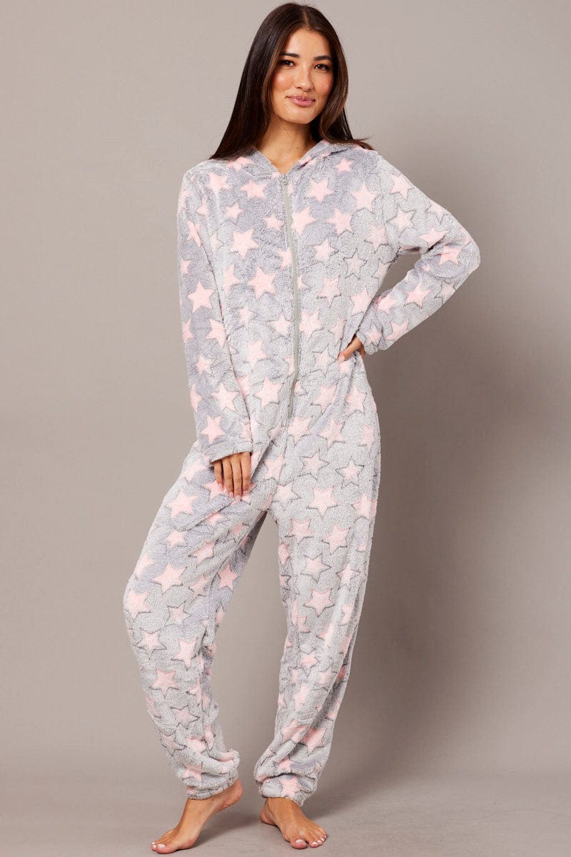 Grey Print Fluffy Pyjama Onesie Star Fleece Nightwear PJ for Ally Fashion