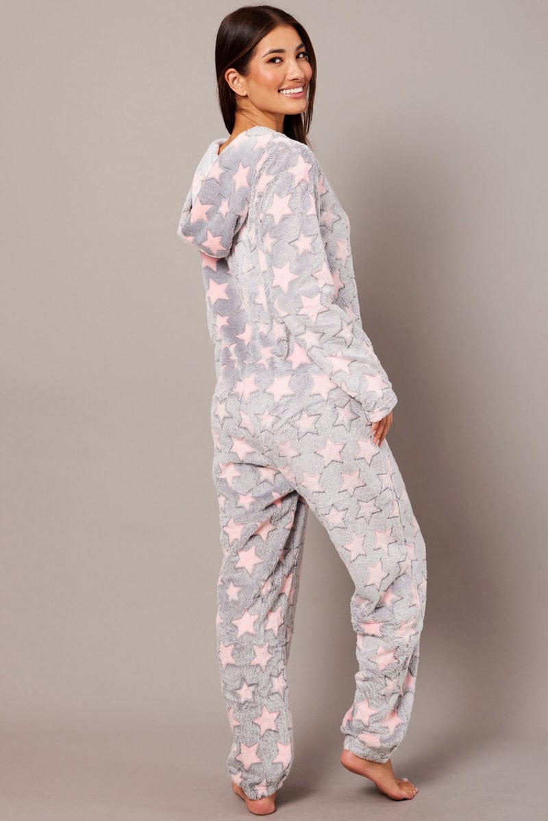 Grey Print Fluffy Pyjama Onesie Star Fleece Nightwear PJ for Ally Fashion