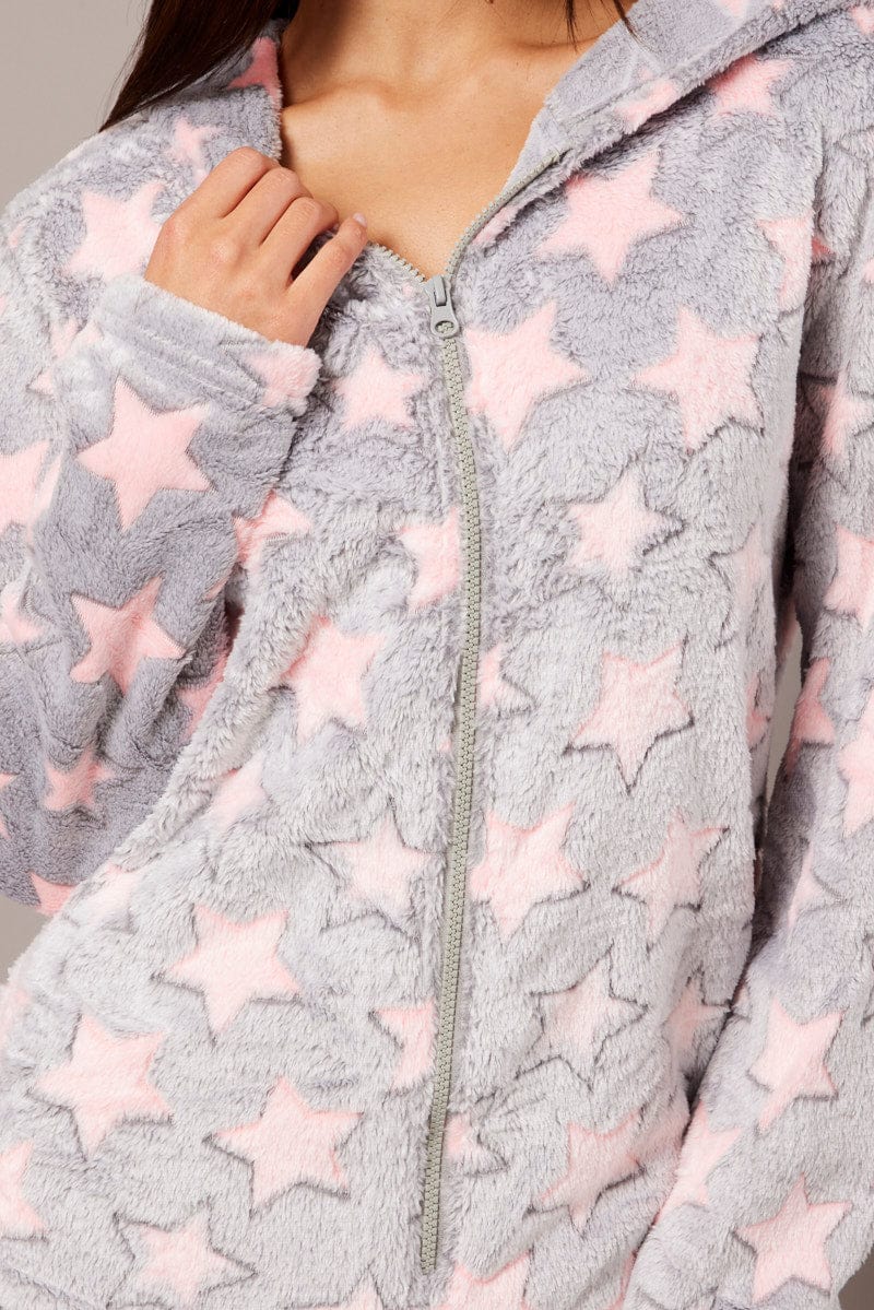Grey Print Fluffy Pyjama Onesie Star Fleece Nightwear PJ for Ally Fashion