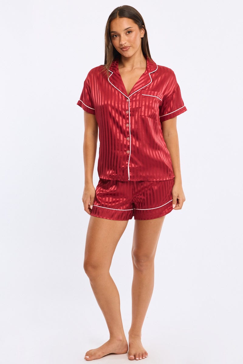 Red Stripe Pyjamas Set Short Sleeve Satin Jacquard for Ally Fashion