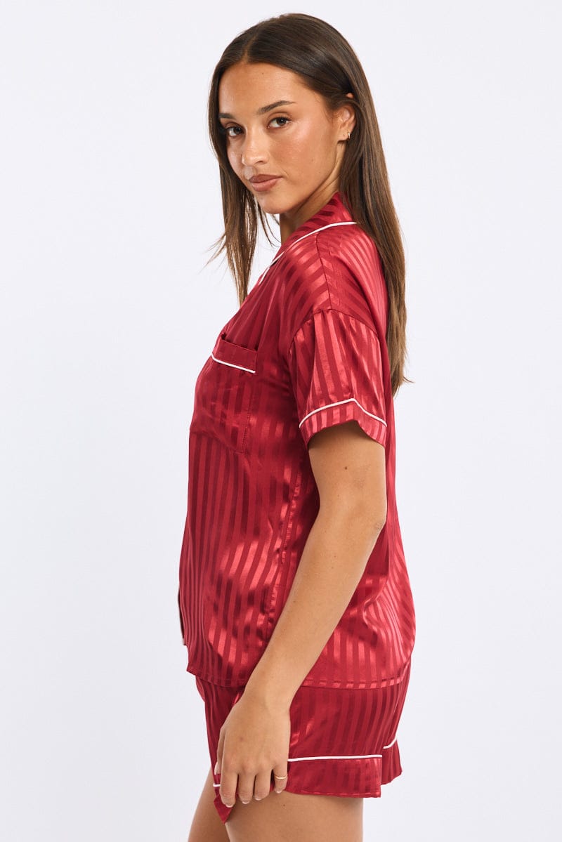 Red Stripe Pyjamas Set Short Sleeve Satin Jacquard for Ally Fashion
