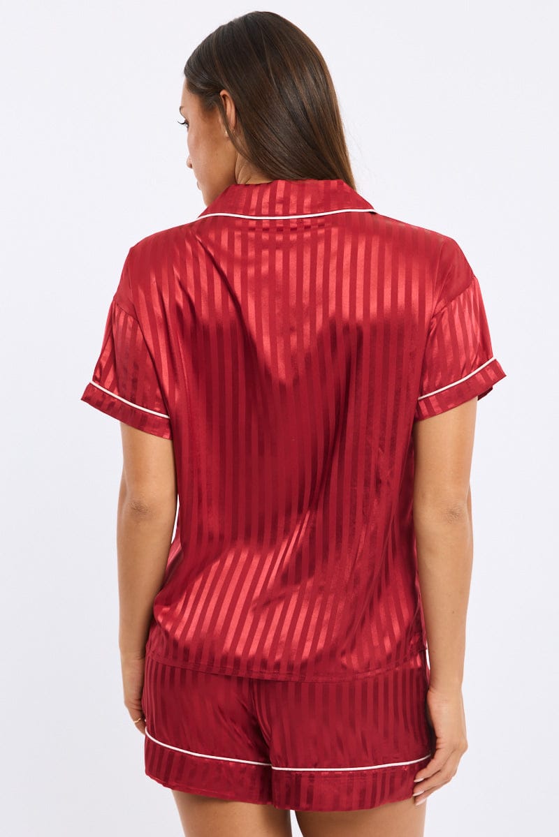 Red Stripe Pyjamas Set Short Sleeve Satin Jacquard for Ally Fashion