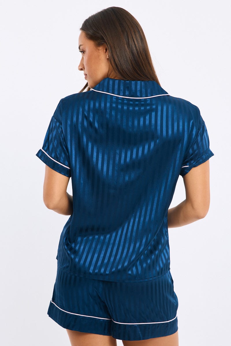Blue Stripe Pyjamas Set Short Sleeve Satin Jacquard for Ally Fashion