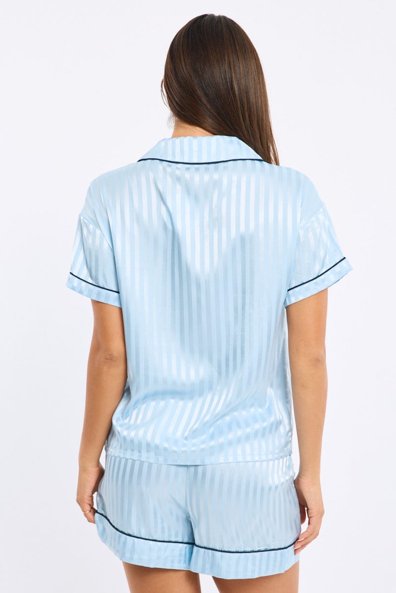 Blue Stripe Pyjamas Set Short Sleeve Satin Jacquard for Ally Fashion