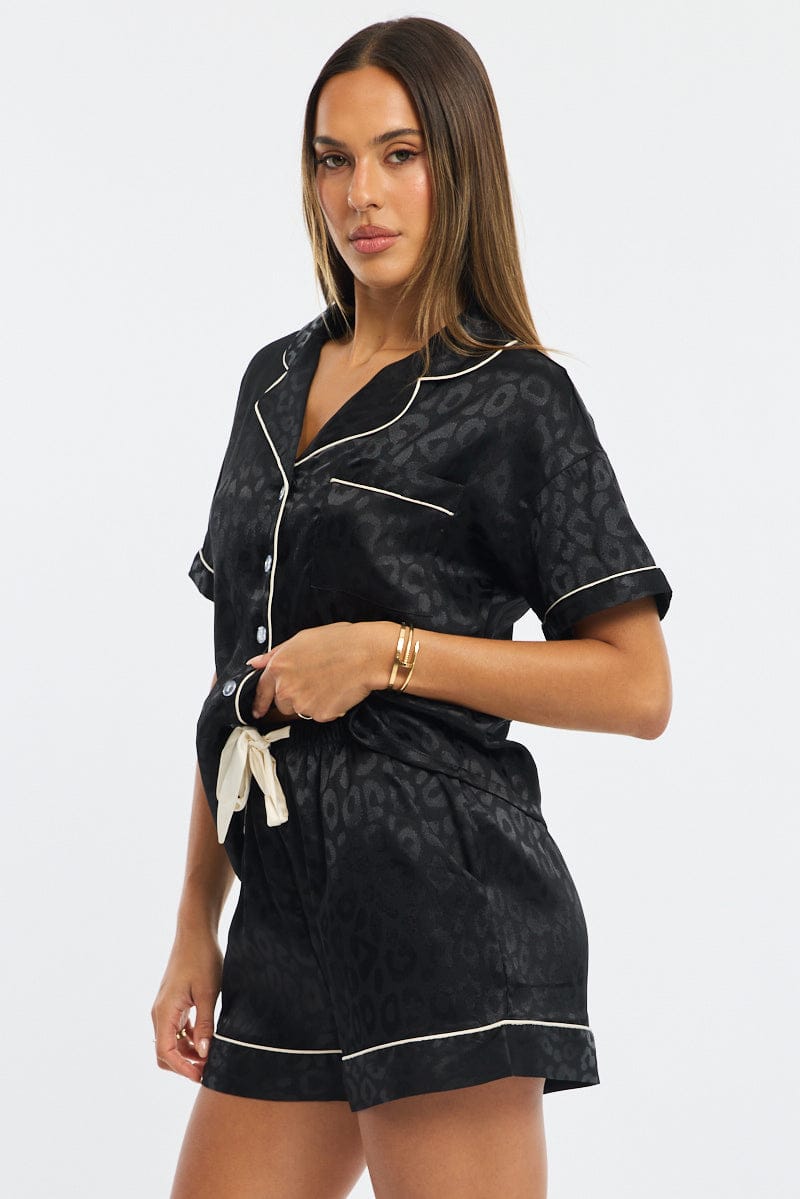 Black Animal Print Pyjamas Set Short Sleeve Satin Jacquard Leopard for Ally Fashion