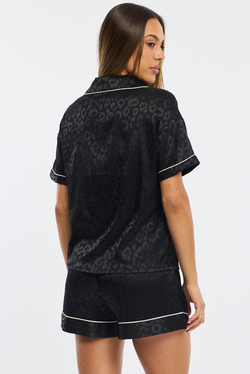 Black Animal Print Pyjamas Set Short Sleeve Satin Jacquard Leopard for Ally Fashion