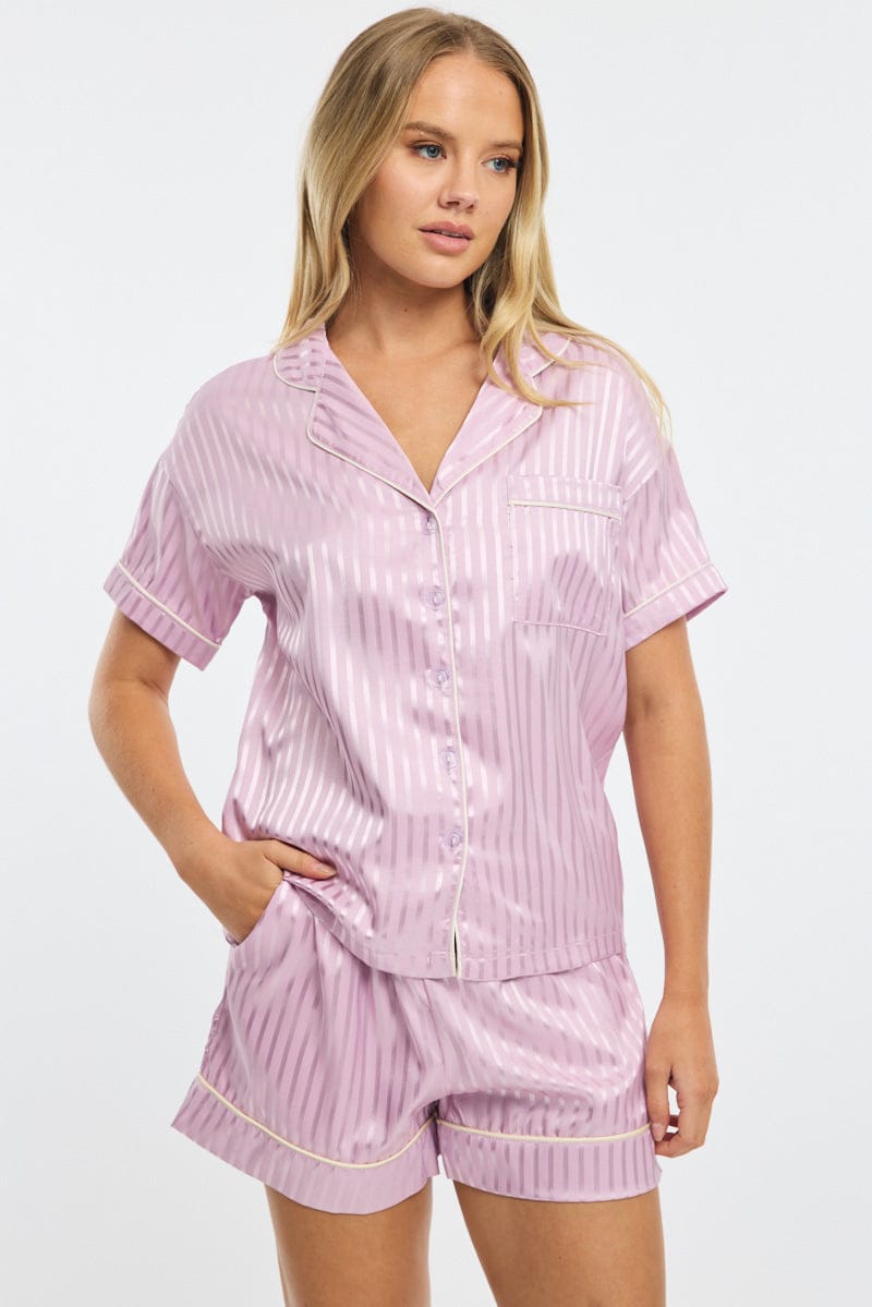 Purple Stripe Pyjamas Set Short Sleeve Satin Jacquard for Ally Fashion