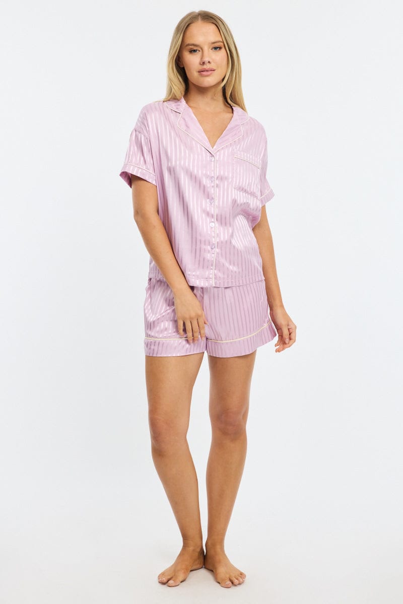 Purple Stripe Pyjamas Set Short Sleeve Satin Jacquard for Ally Fashion