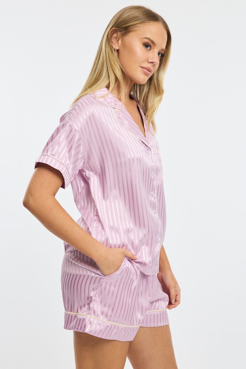 Purple Stripe Pyjamas Set Short Sleeve Satin Jacquard for Ally Fashion