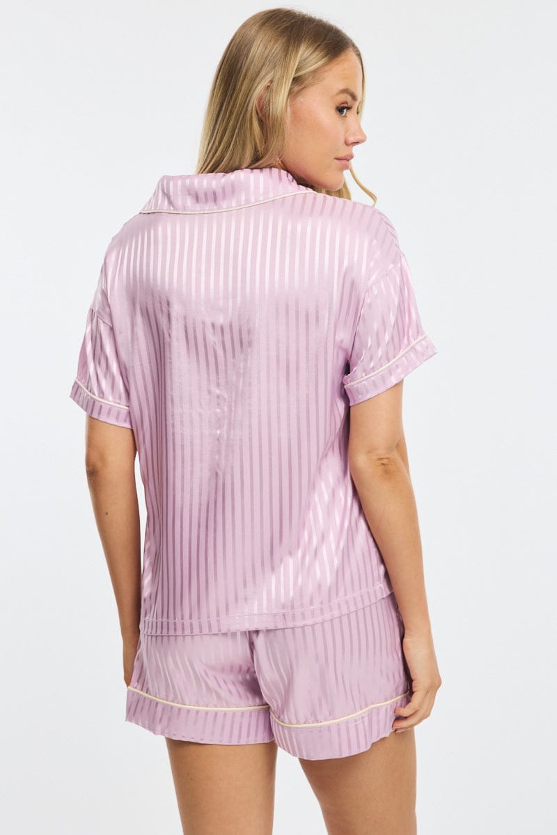 Purple Stripe Pyjamas Set Short Sleeve Satin Jacquard for Ally Fashion