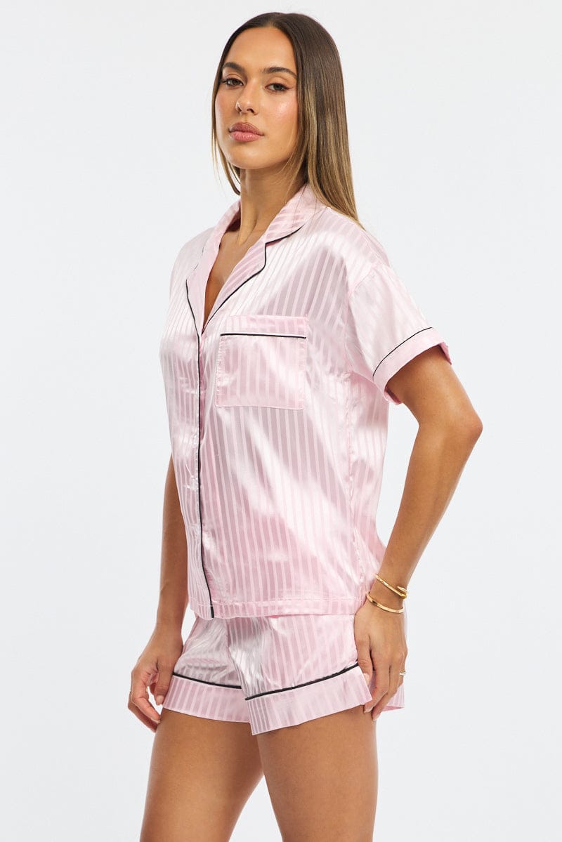 Pink Pyjamas Set Short Sleeve Satin Jacquard for Ally Fashion