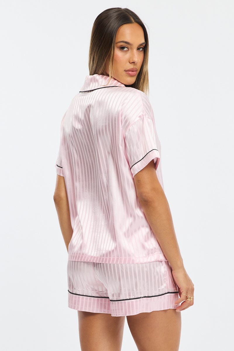 Pink Pyjamas Set Short Sleeve Satin Jacquard for Ally Fashion