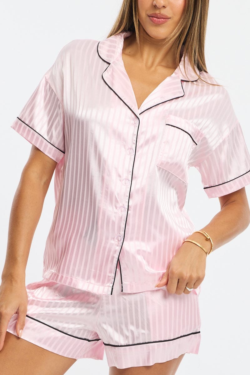 Pink Pyjamas Set Short Sleeve Satin Jacquard for Ally Fashion