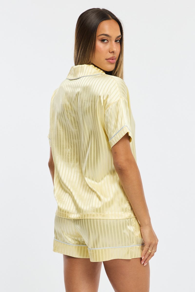 Yellow Pyjamas Set Short Sleeve Satin Jacquard for Ally Fashion