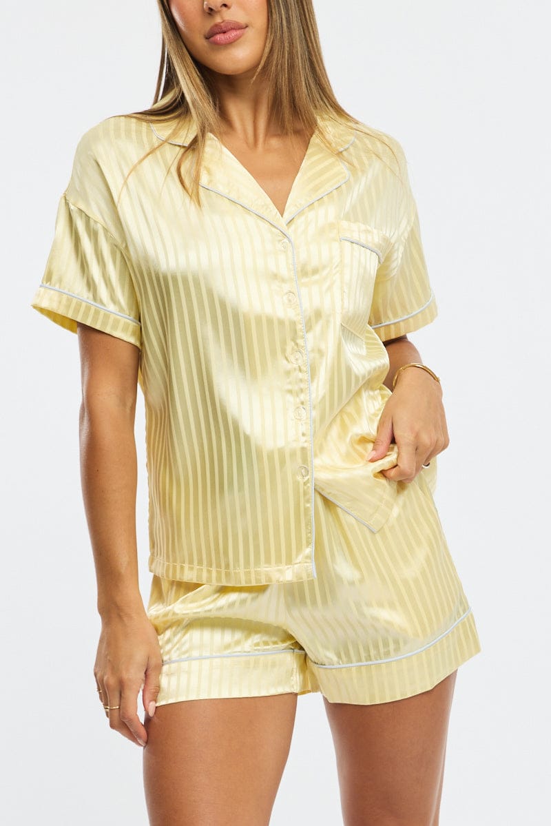Yellow Pyjamas Set Short Sleeve Satin Jacquard for Ally Fashion