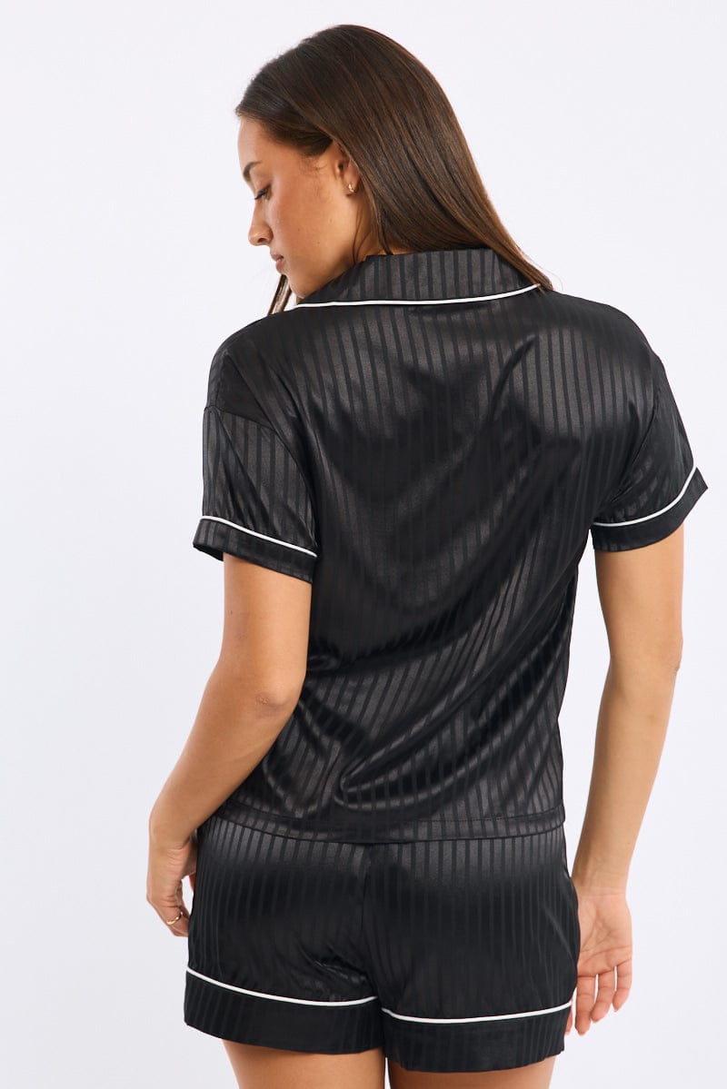 Black Stripe Pyjamas Set Short Sleeve Satin Jacquard for Ally Fashion