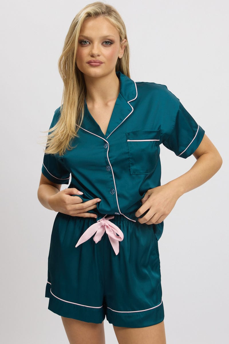 Green Satin Pyjamas Set Short Sleeve for Ally Fashion