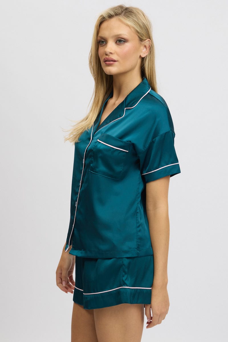 Green Satin Pyjamas Set Short Sleeve for Ally Fashion