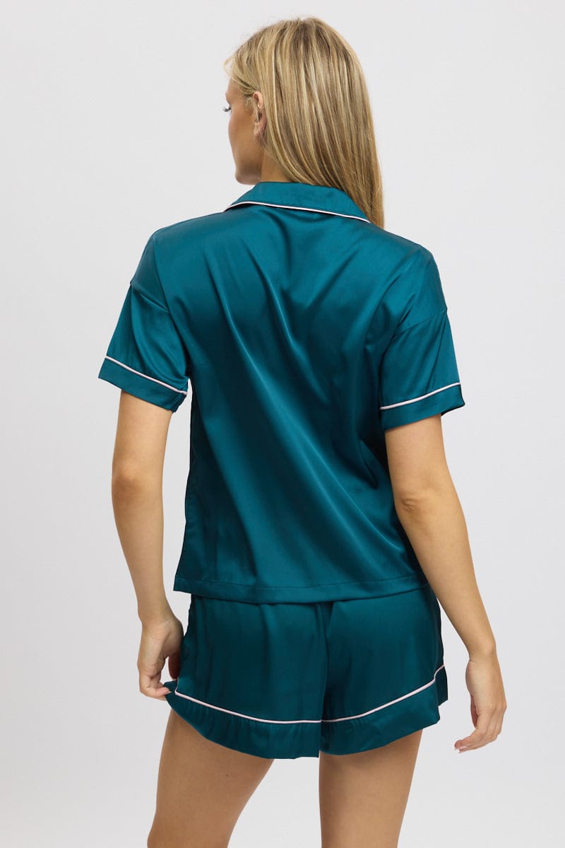 Green Satin Pyjamas Set Short Sleeve for Ally Fashion