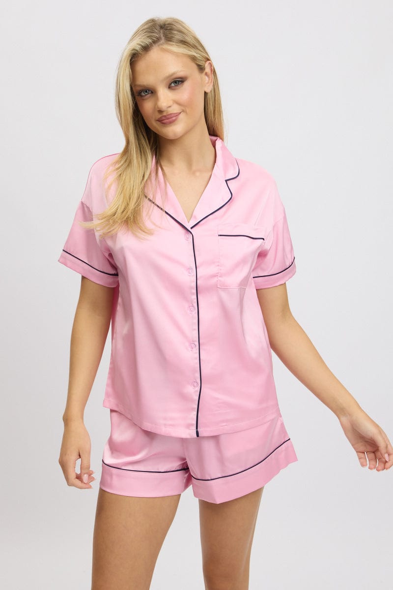 Pink Satin Pyjamas Set Short Sleeve for Ally Fashion