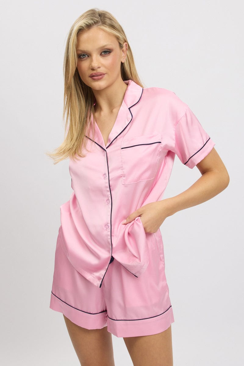 Pink Satin Pyjamas Set Short Sleeve for Ally Fashion