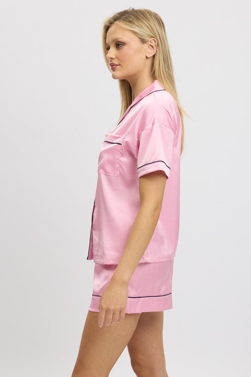 Pink Satin Pyjamas Set Short Sleeve for Ally Fashion