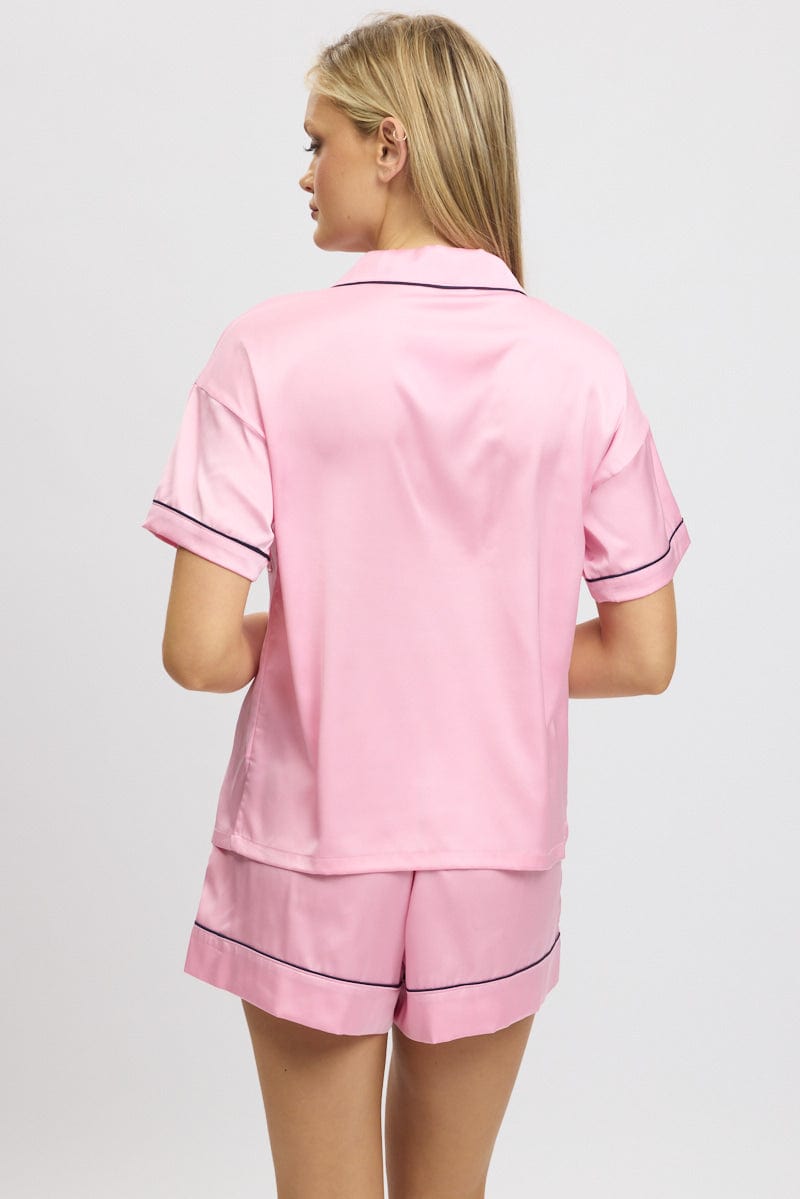 Pink Satin Pyjamas Set Short Sleeve for Ally Fashion