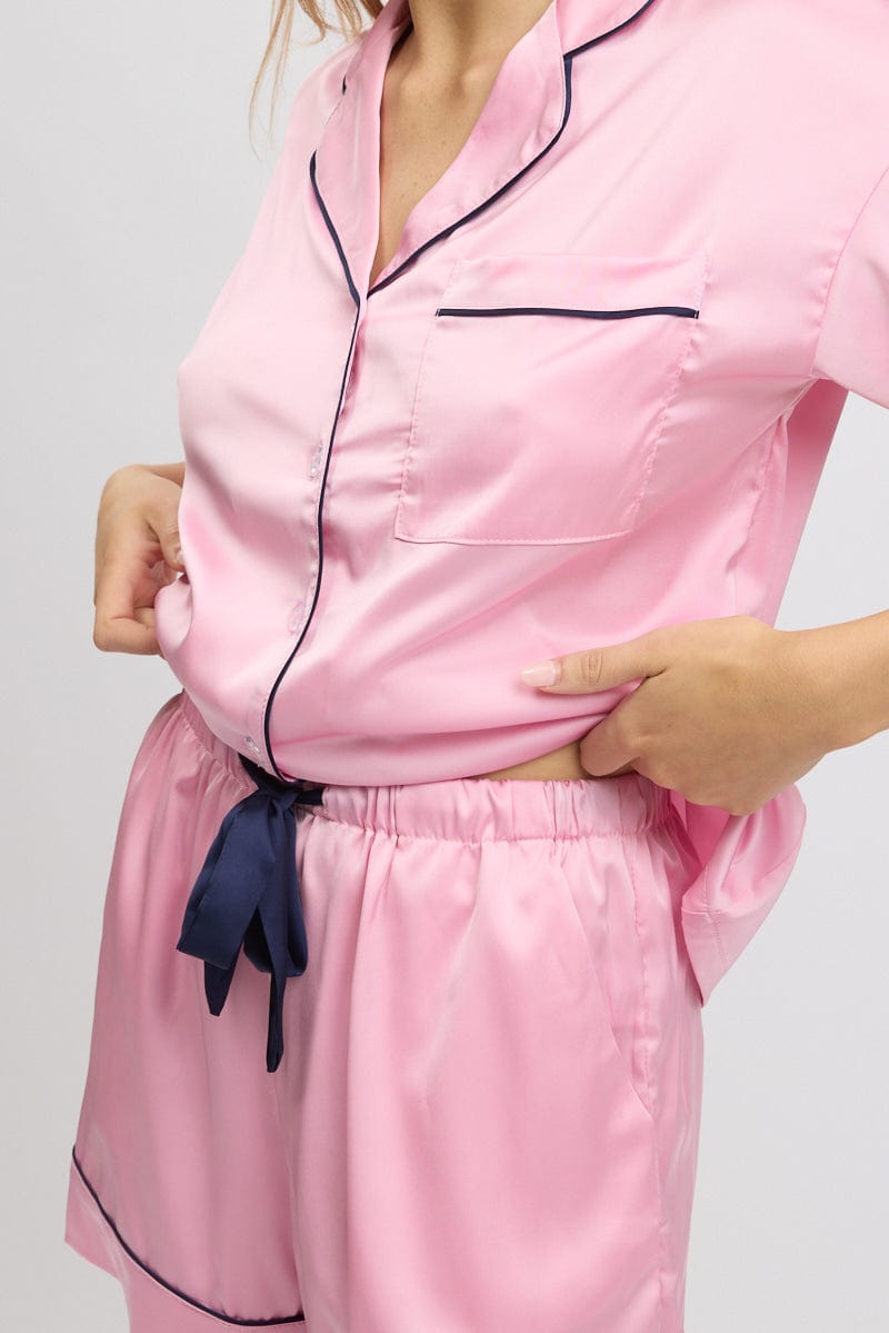 Pink Satin Pyjamas Set Short Sleeve for Ally Fashion