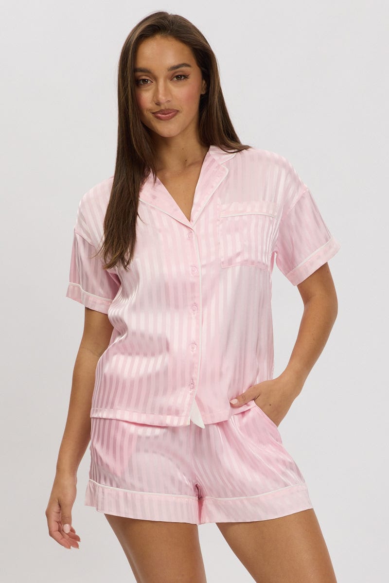 Pink Stripe Satin Pyjamas Set Short Sleeve for Ally Fashion