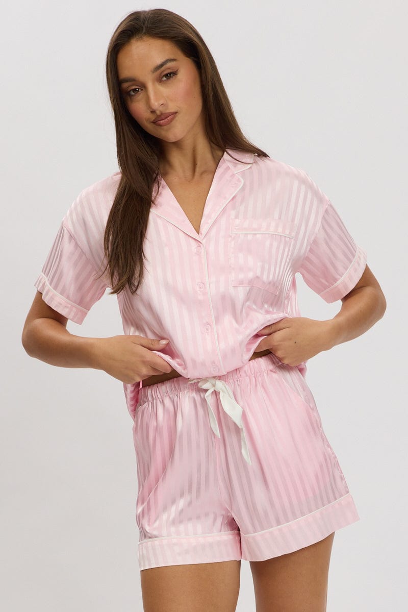 Pink Stripe Satin Pyjamas Set Short Sleeve for Ally Fashion