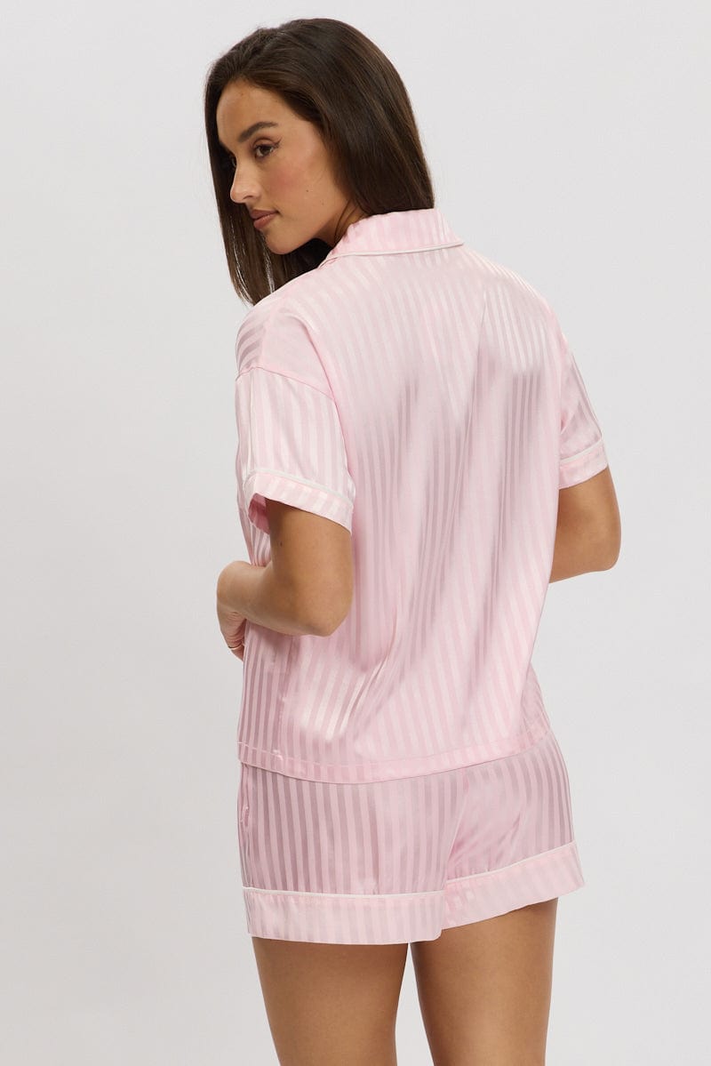 Pink Stripe Satin Pyjamas Set Short Sleeve for Ally Fashion