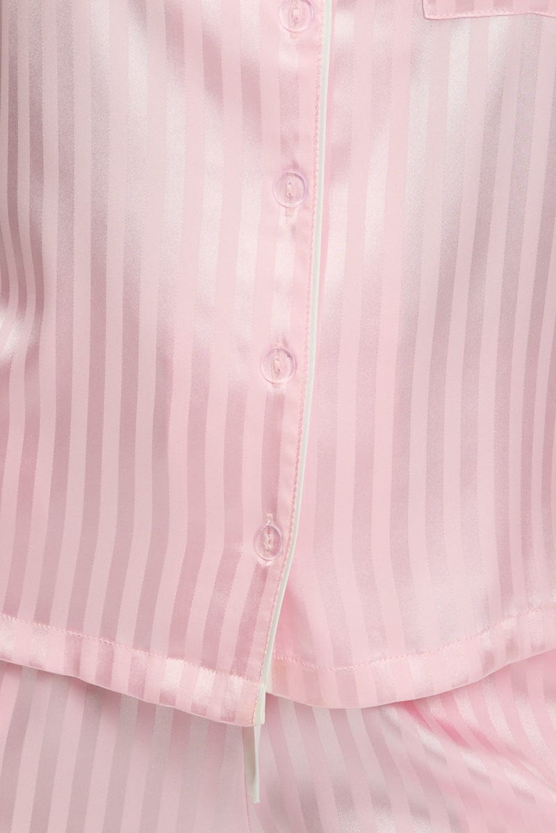 Pink Stripe Satin Pyjamas Set Short Sleeve for Ally Fashion