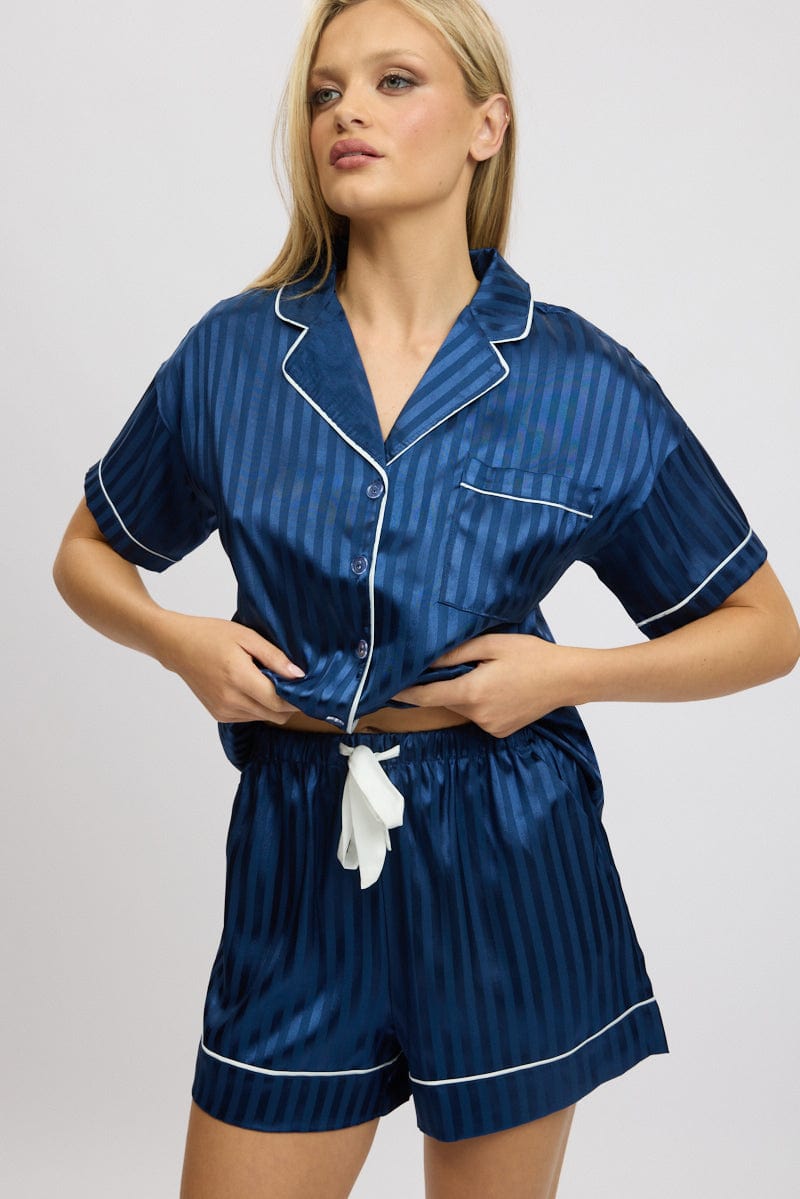 Blue Stripe Satin Pyjamas Set Short Sleeve for Ally Fashion