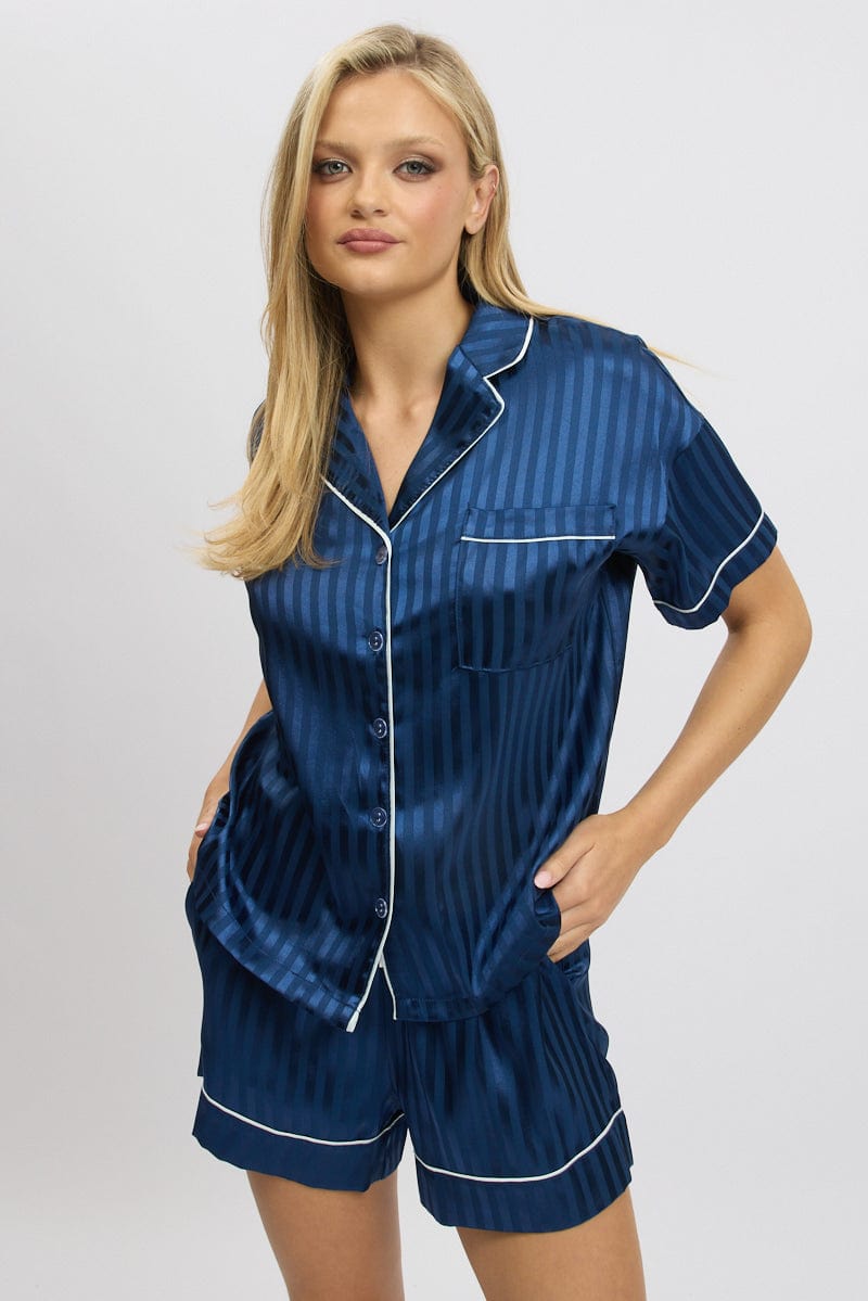 Blue Stripe Satin Pyjamas Set Short Sleeve for Ally Fashion