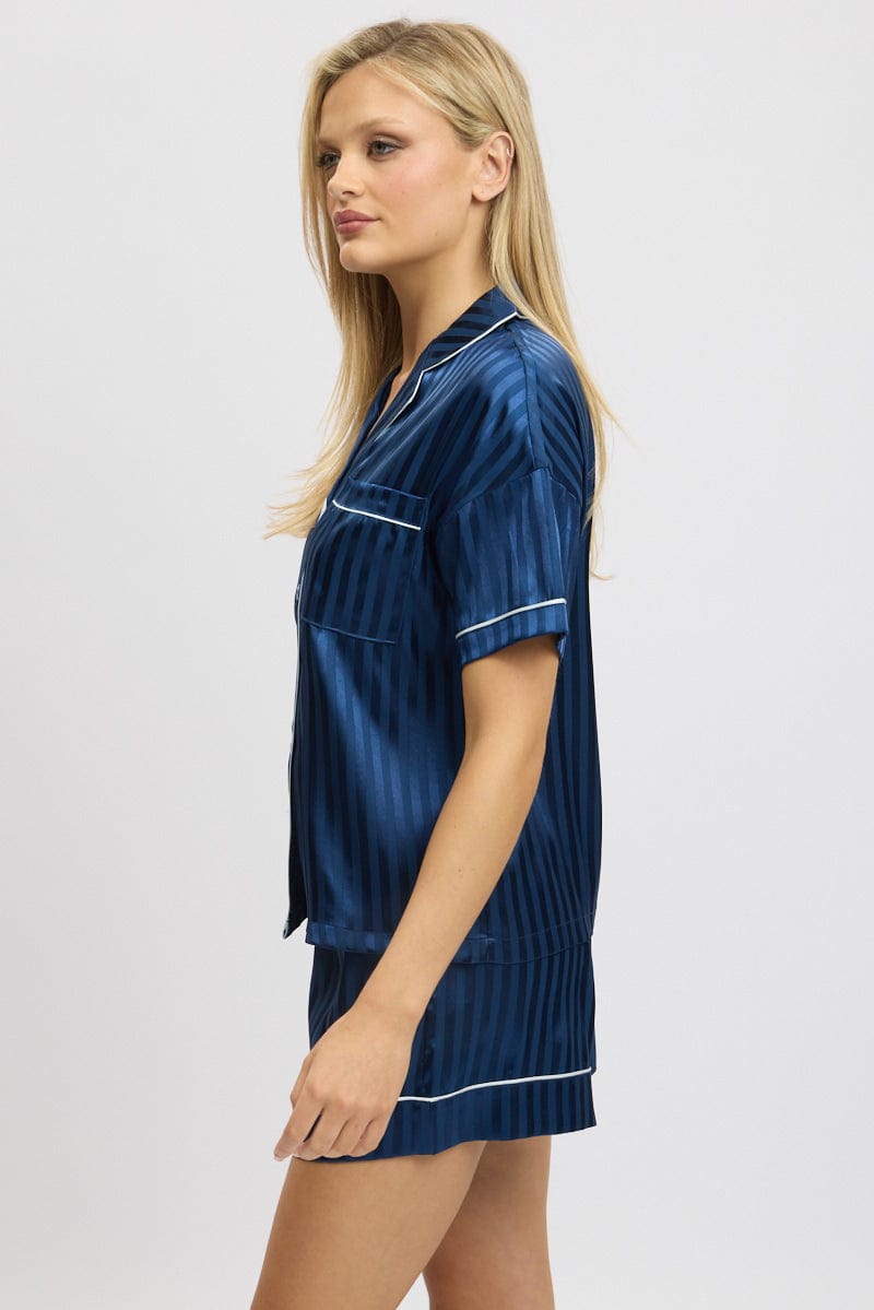 Blue Stripe Satin Pyjamas Set Short Sleeve for Ally Fashion