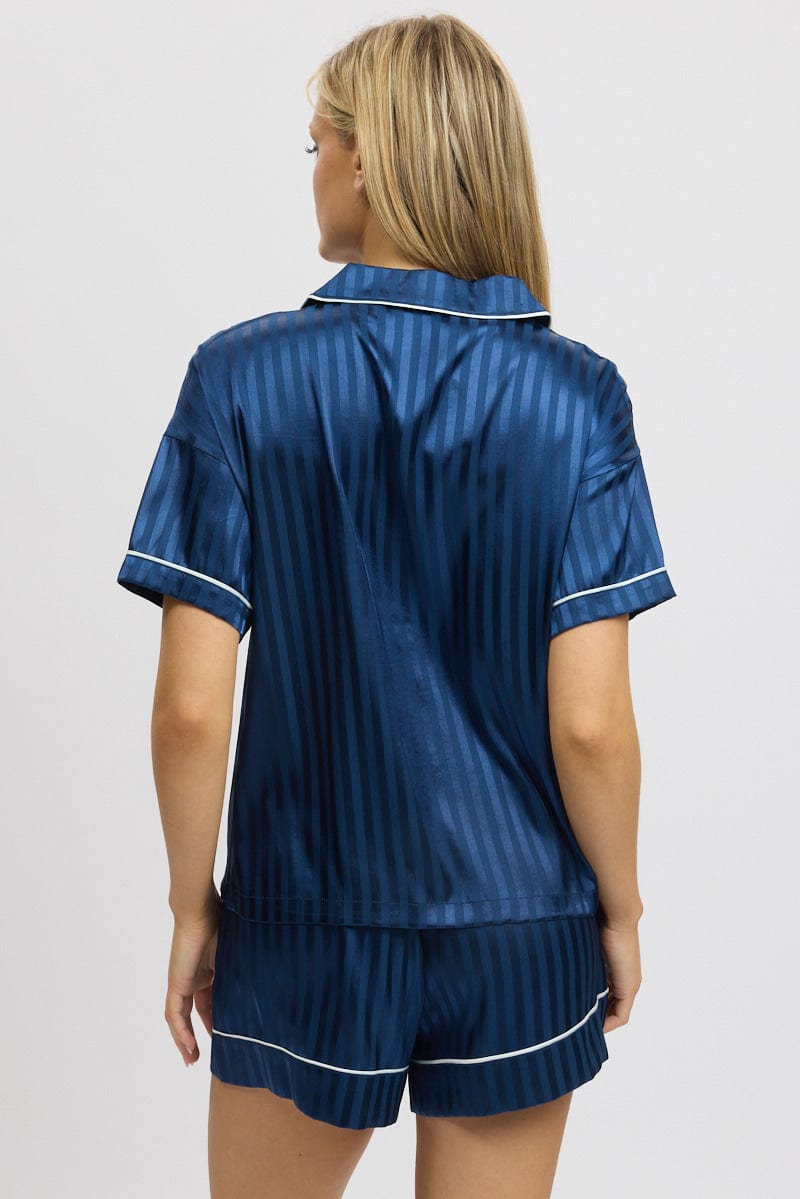 Blue Stripe Satin Pyjamas Set Short Sleeve for Ally Fashion