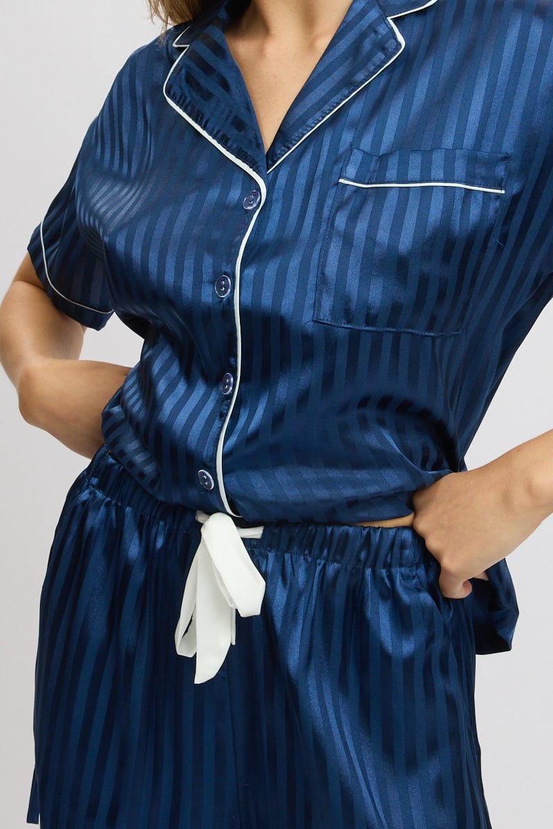 Blue Stripe Satin Pyjamas Set Short Sleeve for Ally Fashion