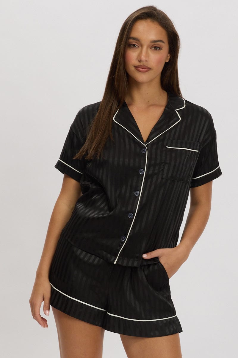 Black Stripe Satin Pyjamas Set Short Sleeve for Ally Fashion