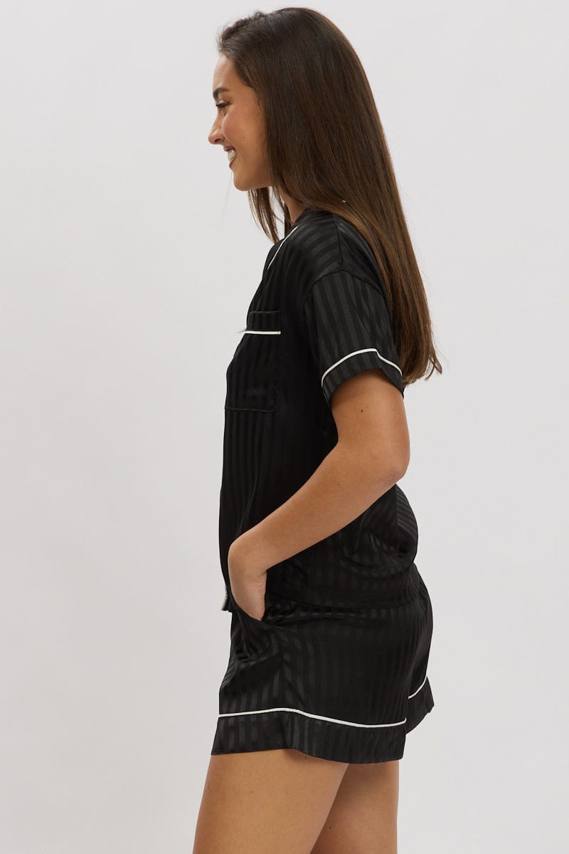 Black Stripe Satin Pyjamas Set Short Sleeve for Ally Fashion