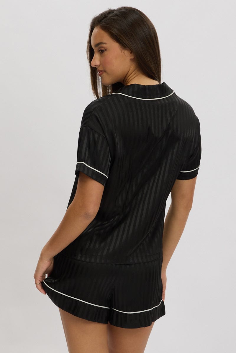 Black Stripe Satin Pyjamas Set Short Sleeve for Ally Fashion