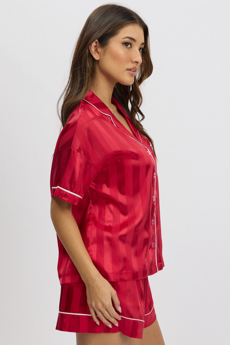 Red Stripe Satin Pajamas Set Short Sleeve for Ally Fashion